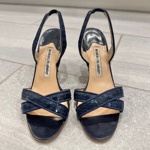 AUTHENTIC Manolo Blahnik navy sequined slingback heels